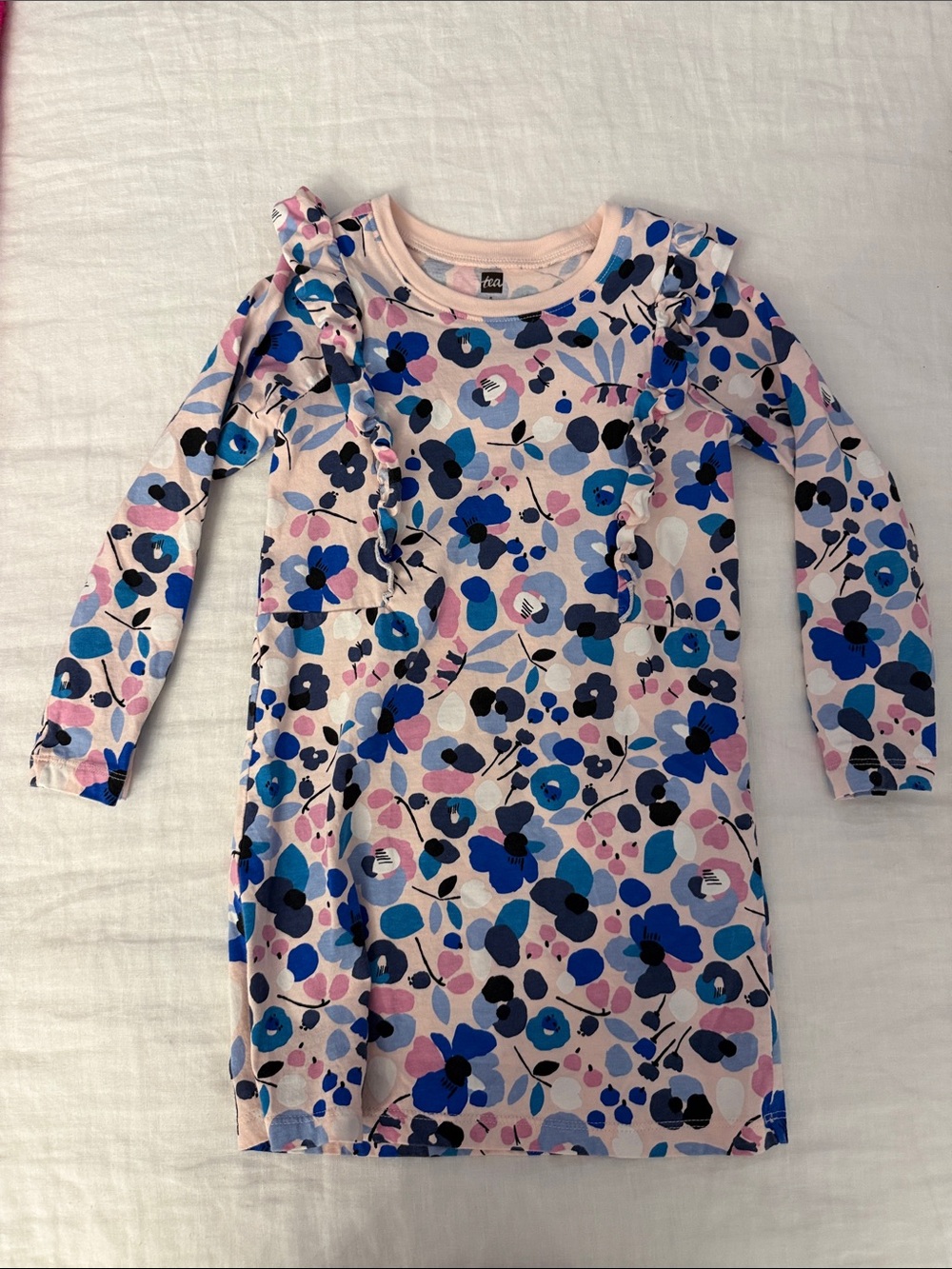 Tea Collection Light Pink Floral Crewneck Top with Blue Accents
